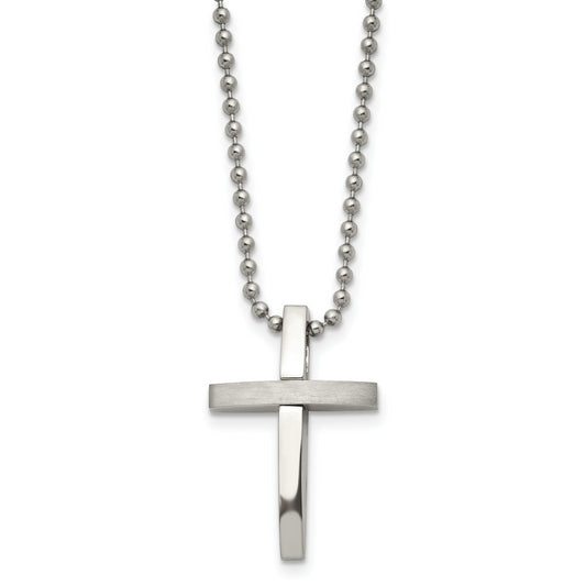 Stainless Steel Chisel Brushed And Polished Cross Pendant On An 18 Inch Ball Chain Necklace