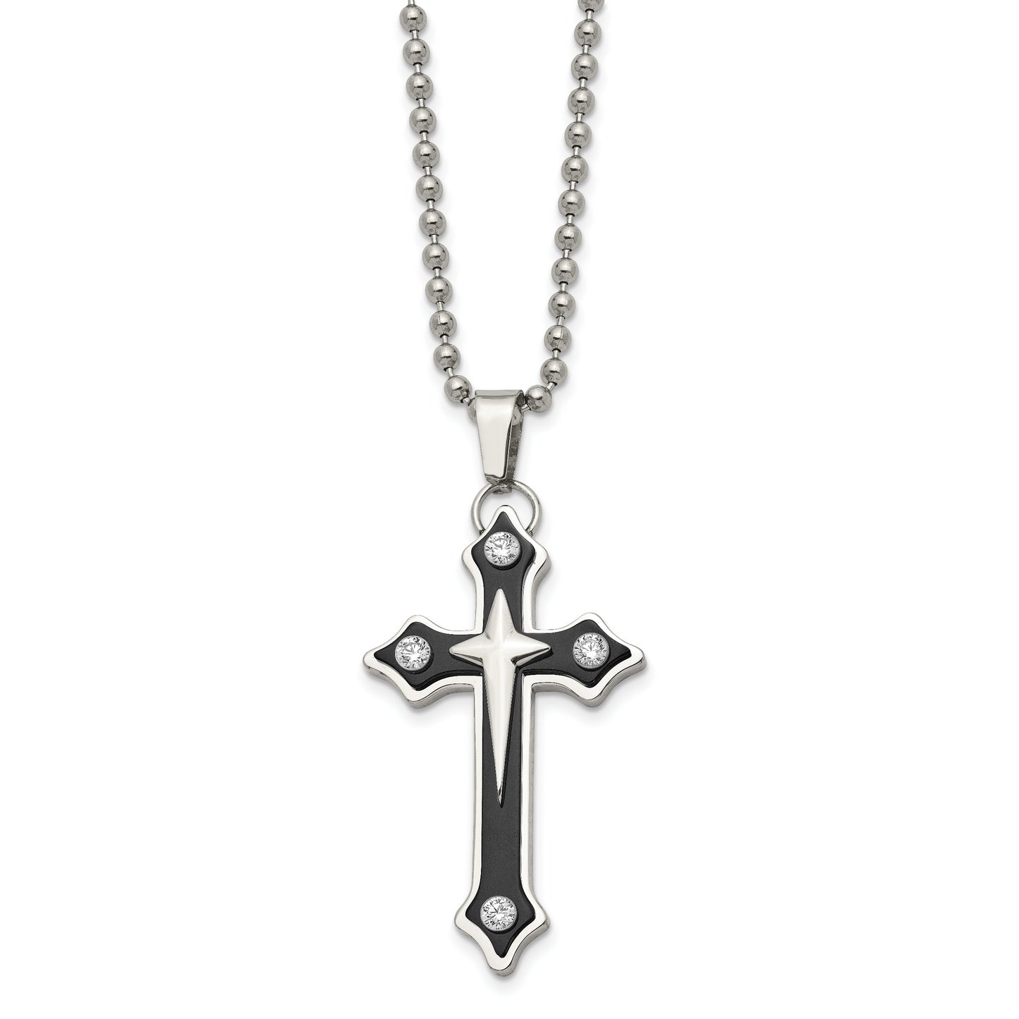 Stainless Steel Chisel Polished Black Ip-Plated With Cz Cross Pendant On A 20 Inch Ball Chain Necklace