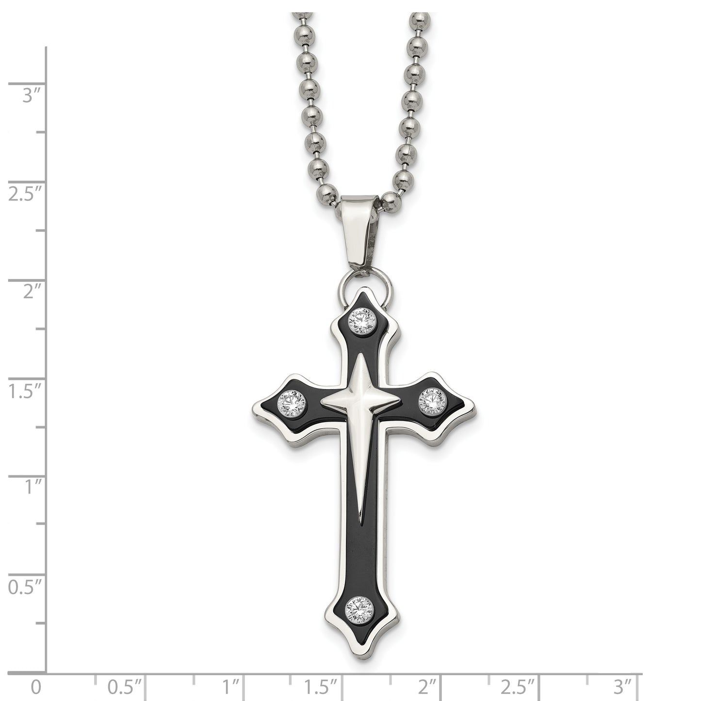 Stainless Steel Chisel Polished Black Ip-Plated With Cz Cross Pendant On A 20 Inch Ball Chain Necklace