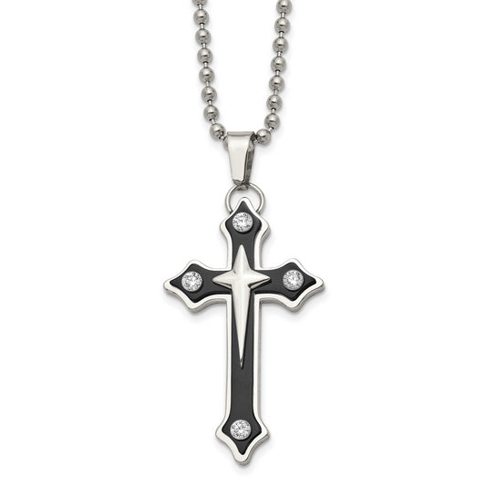 Stainless Steel Chisel Polished Black Ip-Plated With Cz Cross Pendant On A 20 Inch Ball Chain Necklace