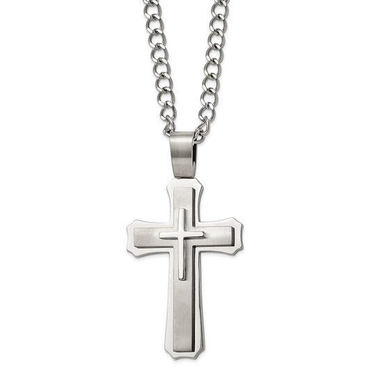 Stainless Steel Chisel Brushed And Polished Large Cross Pendant On A 24 Inch Curb Chain Necklace