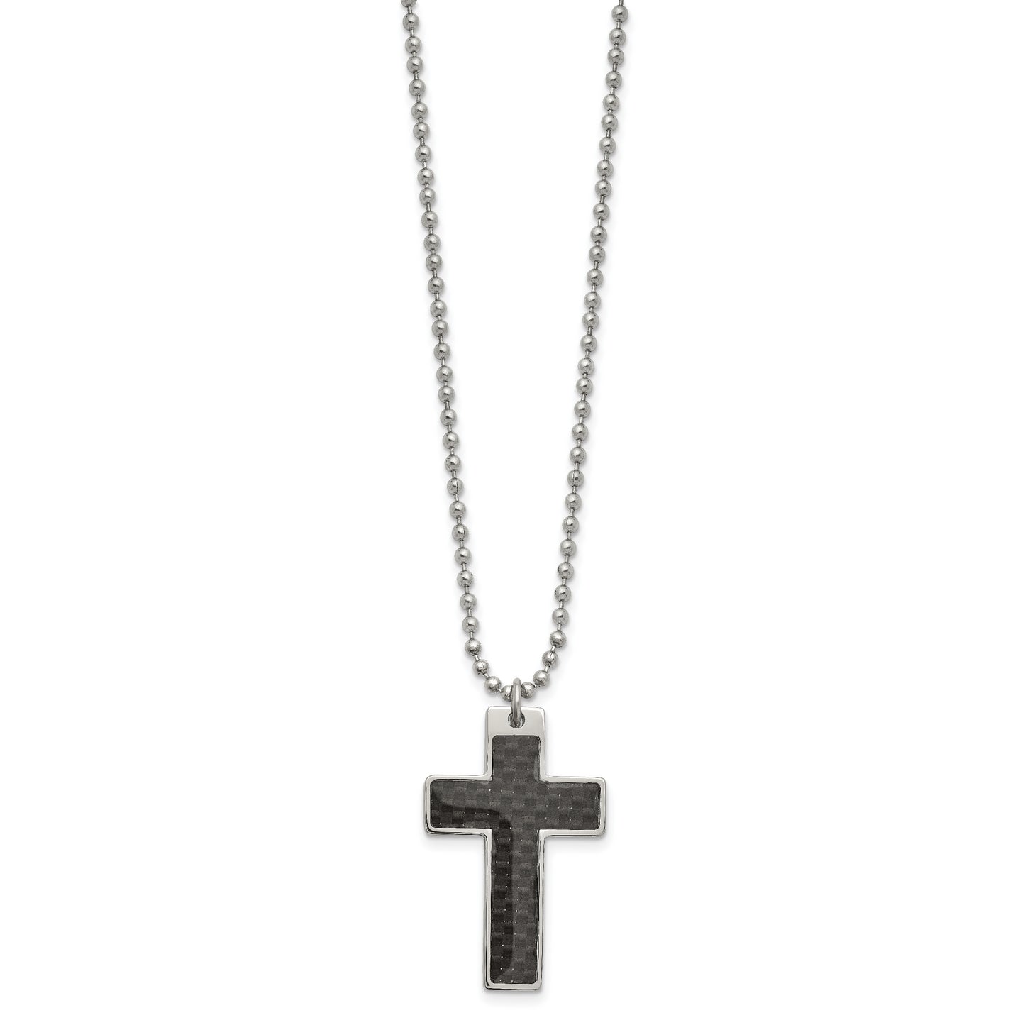 Stainless Steel Chisel Polished With Black Carbon Fiber Inlay Cross Pendant On A 20 Inch Ball Chain Necklace