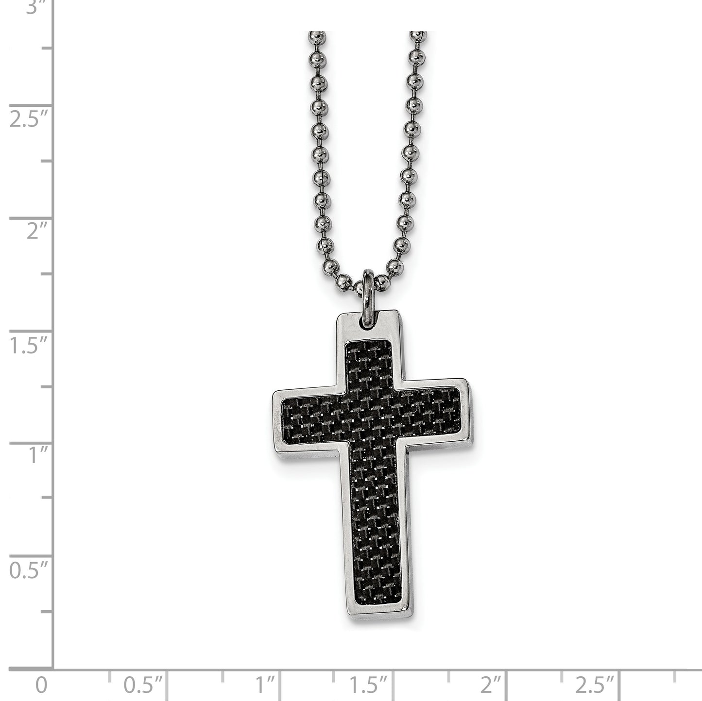 Stainless Steel Chisel Polished With Black Carbon Fiber Inlay Cross Pendant On A 20 Inch Ball Chain Necklace