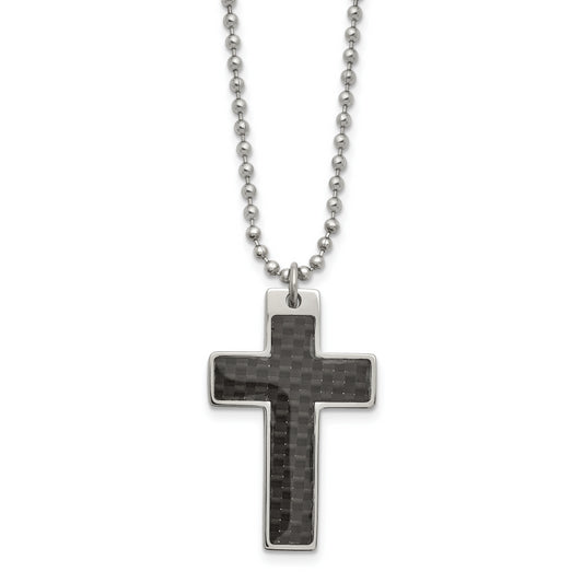 Stainless Steel Chisel Polished With Black Carbon Fiber Inlay Cross Pendant On A 20 Inch Ball Chain Necklace