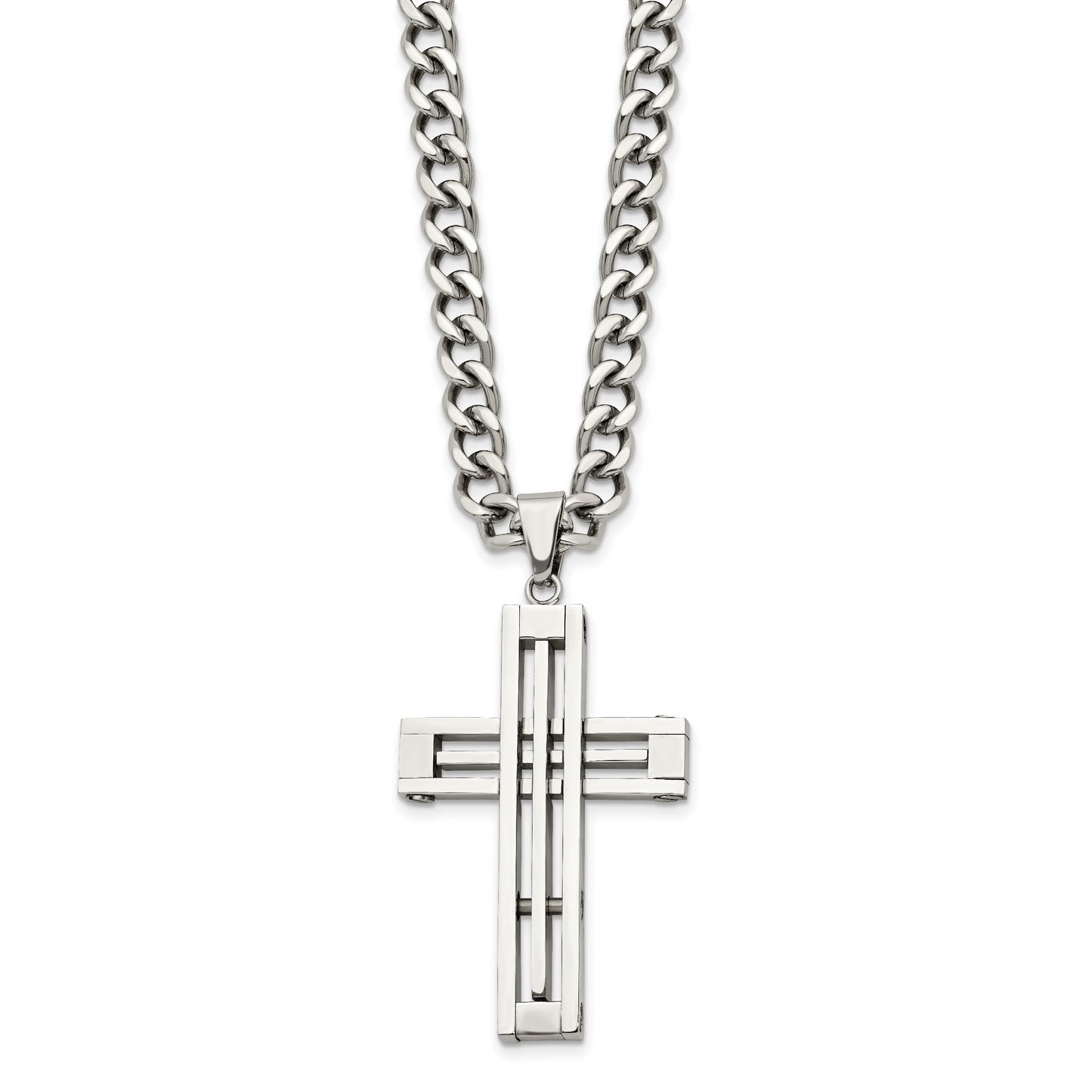 Stainless Steel Chisel Polished Cross Pendant On A 22 Inch Curb Chain Necklace