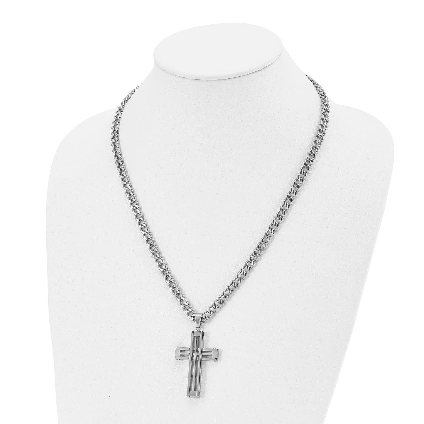 Stainless Steel Chisel Polished Cross Pendant On A 22 Inch Curb Chain Necklace