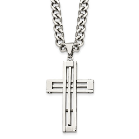 Stainless Steel Chisel Polished Cross Pendant On A 22 Inch Curb Chain Necklace