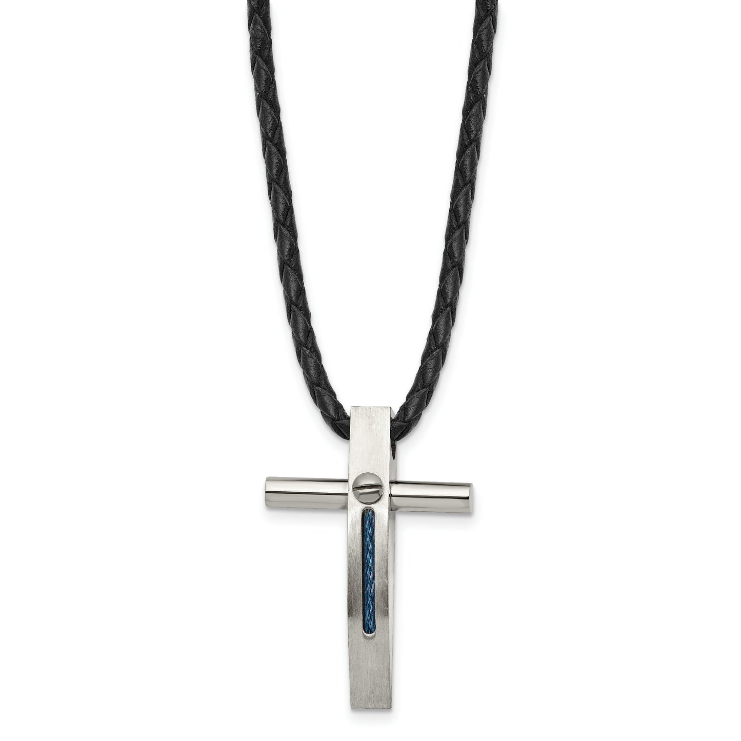 Stainless Steel Chisel Brushed And Polished Blue Ip-Plated Cable Cross Pendant On An 18 Inch Leather Cord Necklace