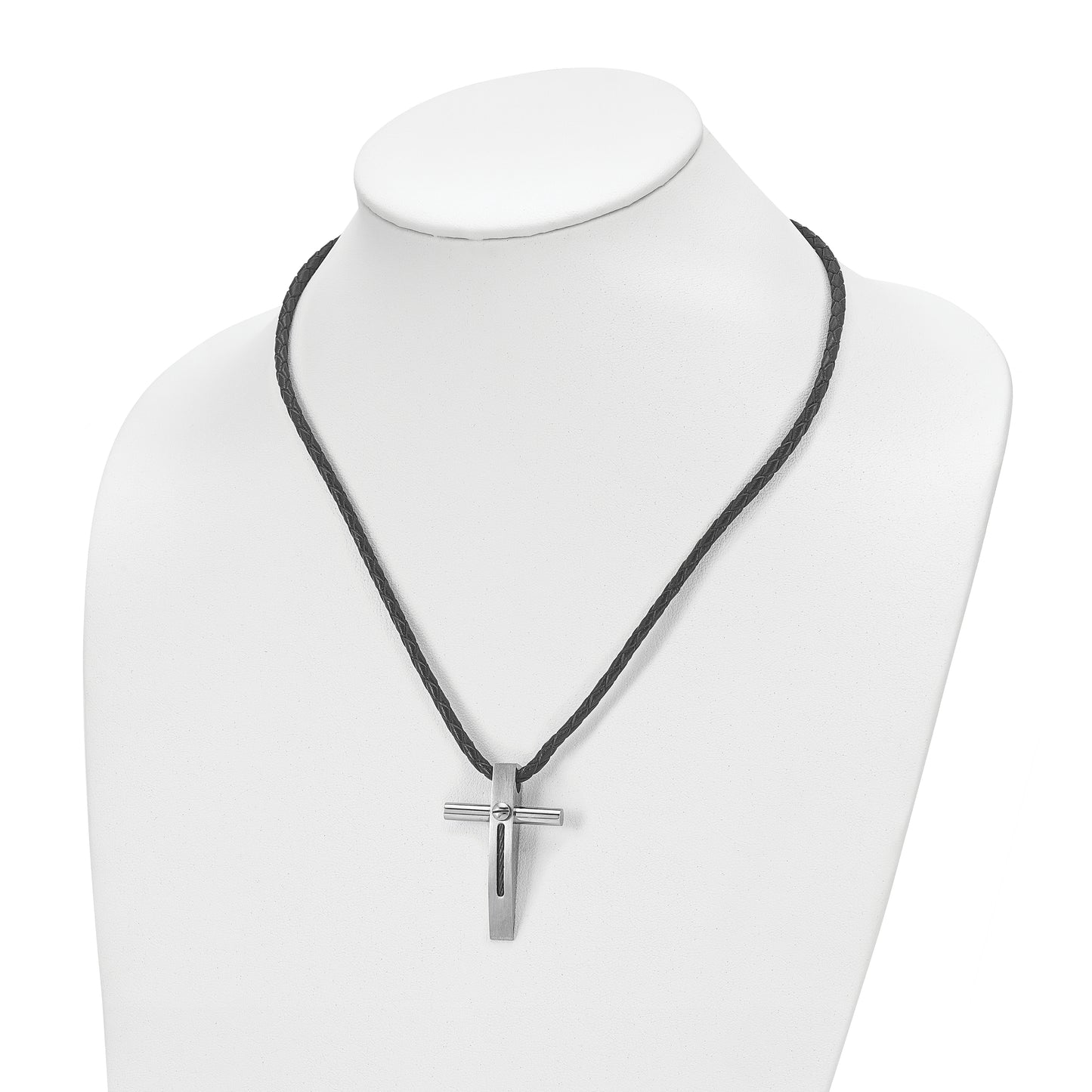 Stainless Steel Chisel Brushed And Polished Blue Ip-Plated Cable Cross Pendant On An 18 Inch Leather Cord Necklace