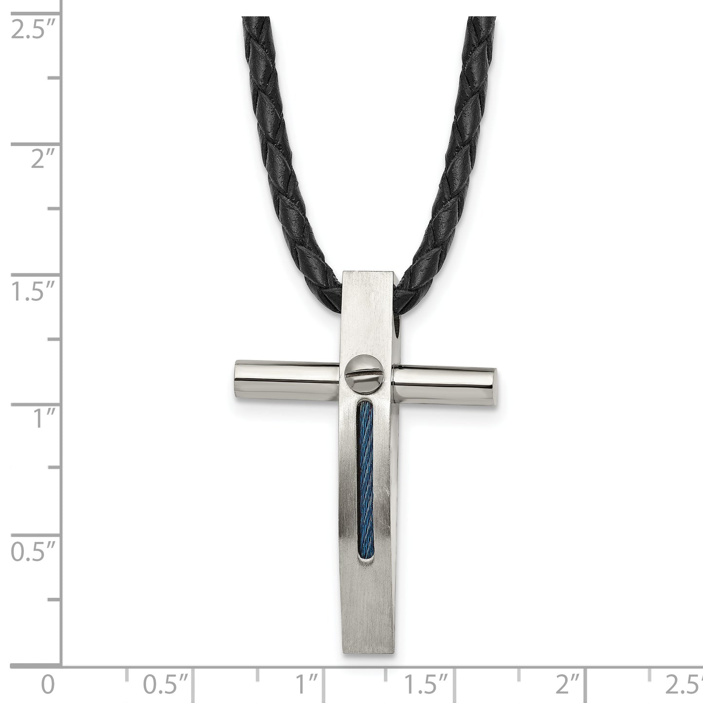 Stainless Steel Chisel Brushed And Polished Blue Ip-Plated Cable Cross Pendant On An 18 Inch Leather Cord Necklace