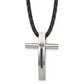 Stainless Steel Chisel Brushed And Polished Blue Ip-Plated Cable Cross Pendant On An 18 Inch Leather Cord Necklace