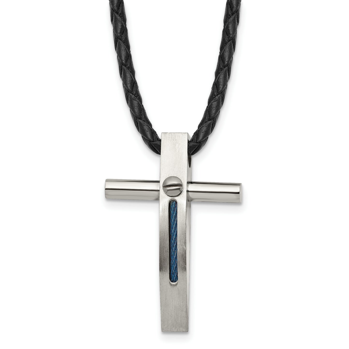 Stainless Steel Chisel Brushed And Polished Blue Ip-Plated Cable Cross Pendant On An 18 Inch Leather Cord Necklace