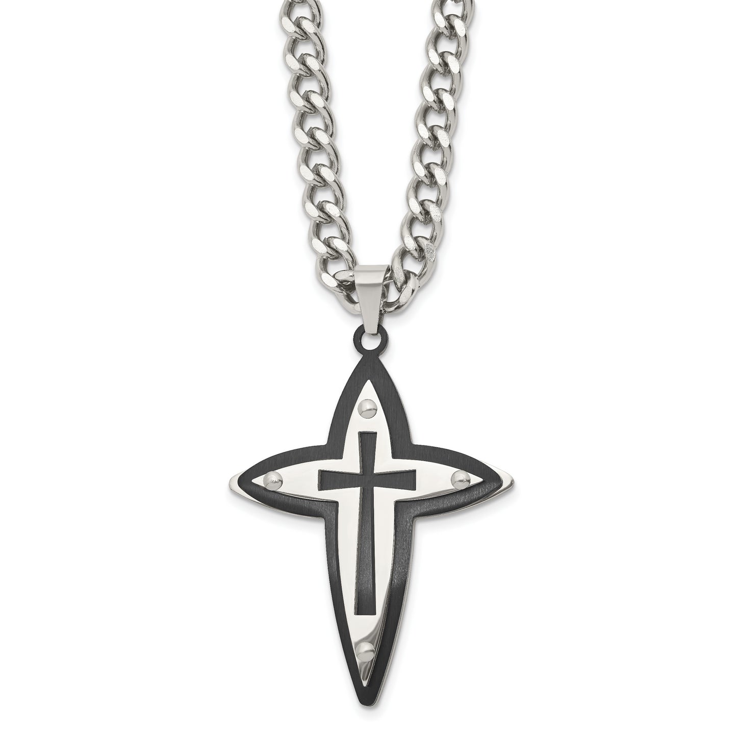 Stainless Steel Chisel Polished Black Ip-Plated Cross Pendant On A 22 Inch Curb Chain Necklace