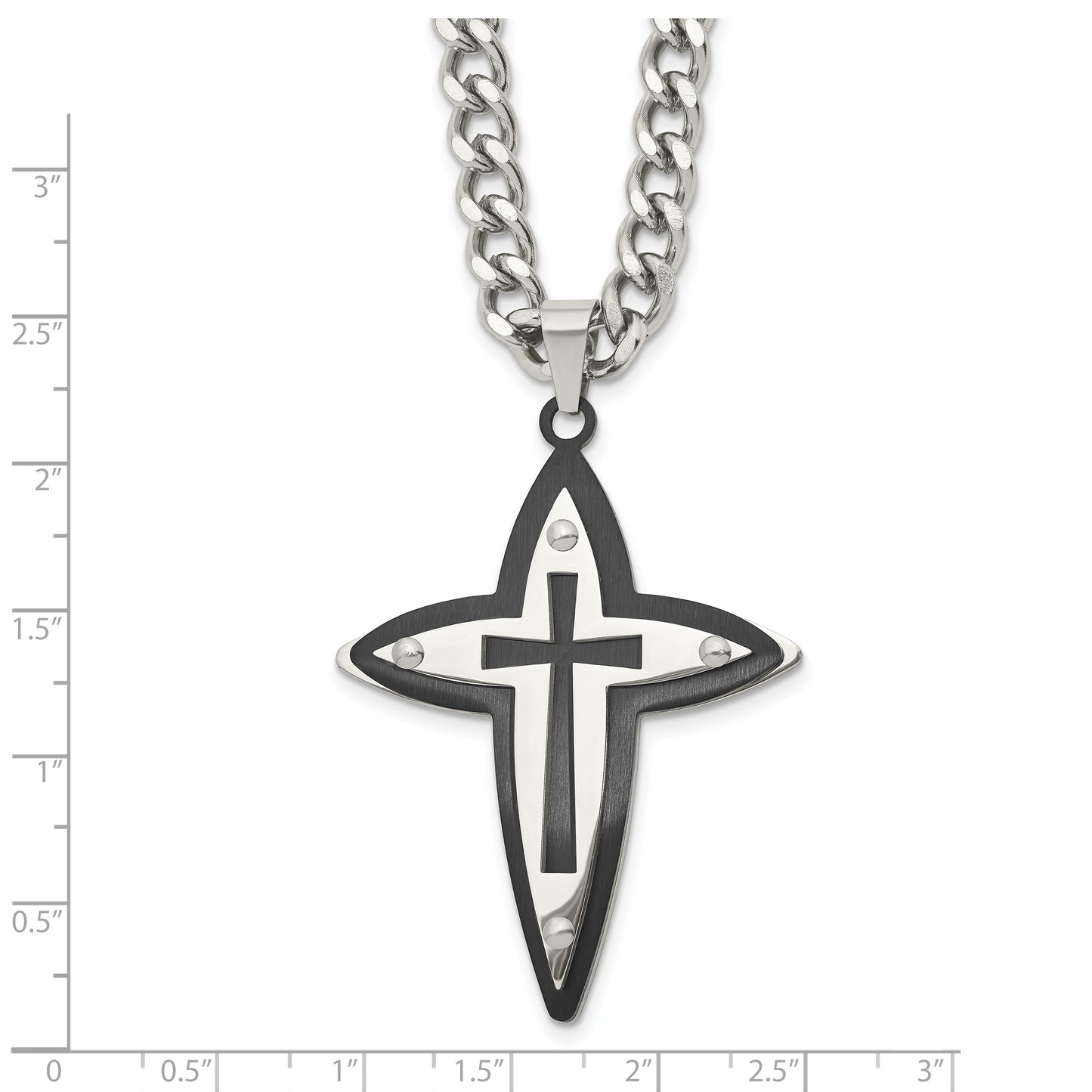 Stainless Steel Chisel Polished Black Ip-Plated Cross Pendant On A 22 Inch Curb Chain Necklace