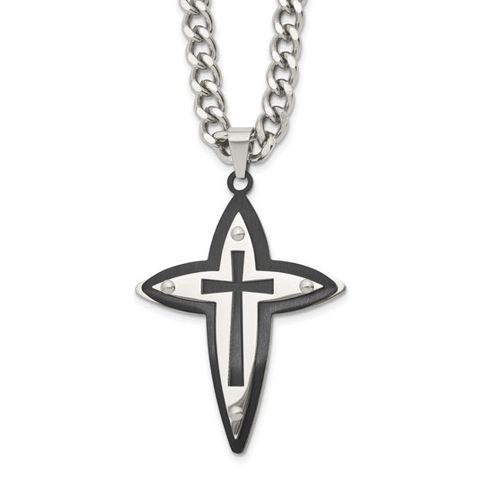 Stainless Steel Chisel Polished Black Ip-Plated Cross Pendant On A 22 Inch Curb Chain Necklace