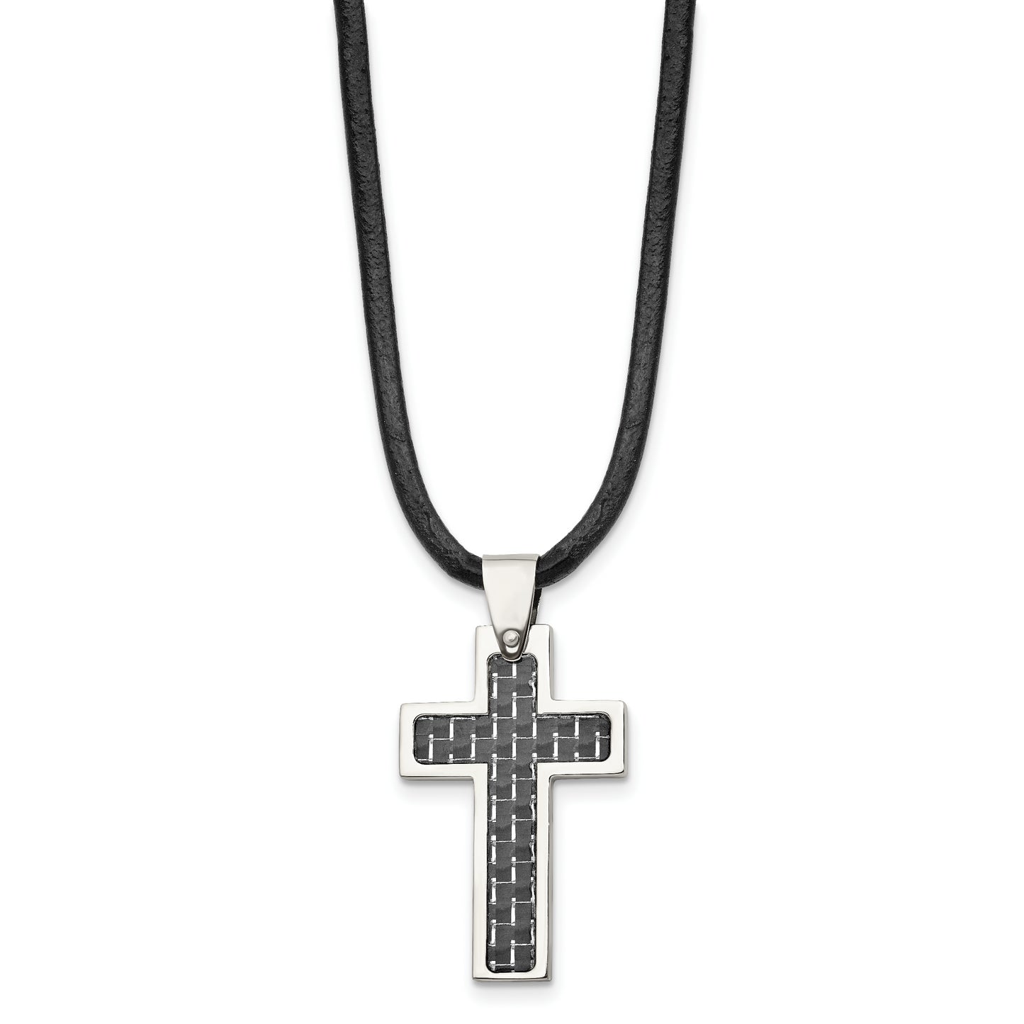 Stainless Steel Chisel Polished With Black Carbon Fiber Inlay Cross Pendant On An 18 Inch Leather Cord Necklace