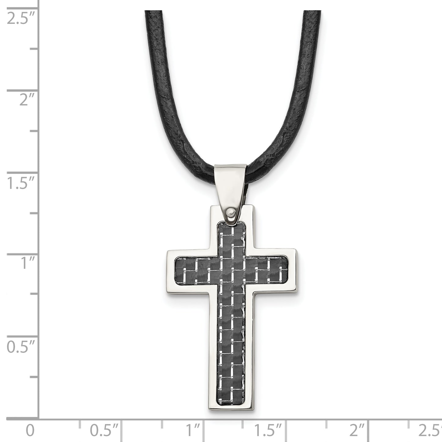 Stainless Steel Chisel Polished With Black Carbon Fiber Inlay Cross Pendant On An 18 Inch Leather Cord Necklace