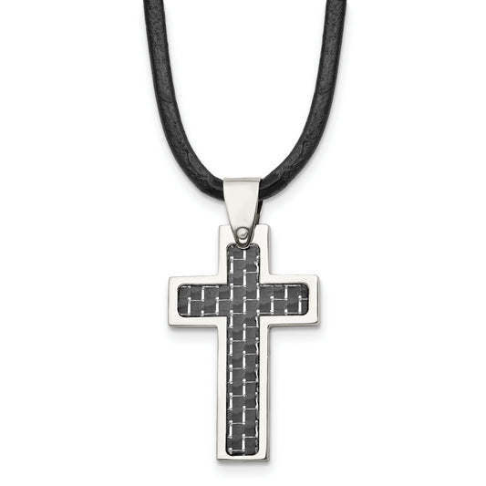 Stainless Steel Chisel Polished With Black Carbon Fiber Inlay Cross Pendant On An 18 Inch Leather Cord Necklace