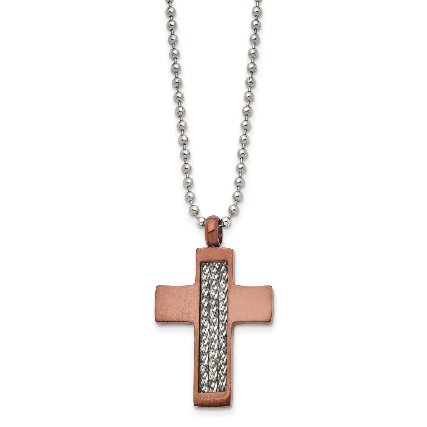 Stainless Steel Chisel Brushed Brown Ip-Plated With Cable Inlay Cross Pendant On A 24 Inch Ball Chain Necklace