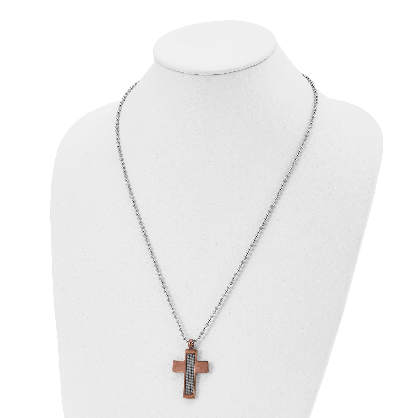 Stainless Steel Chisel Brushed Brown Ip-Plated With Cable Inlay Cross Pendant On A 24 Inch Ball Chain Necklace