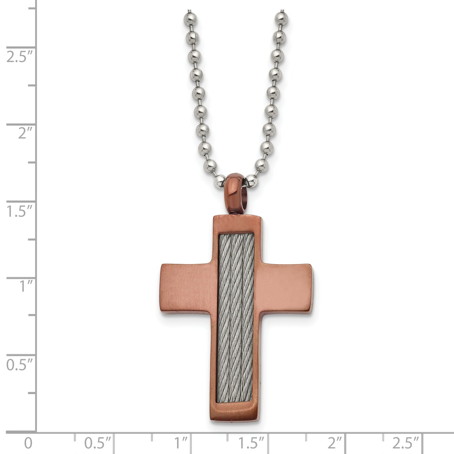 Stainless Steel Chisel Brushed Brown Ip-Plated With Cable Inlay Cross Pendant On A 24 Inch Ball Chain Necklace