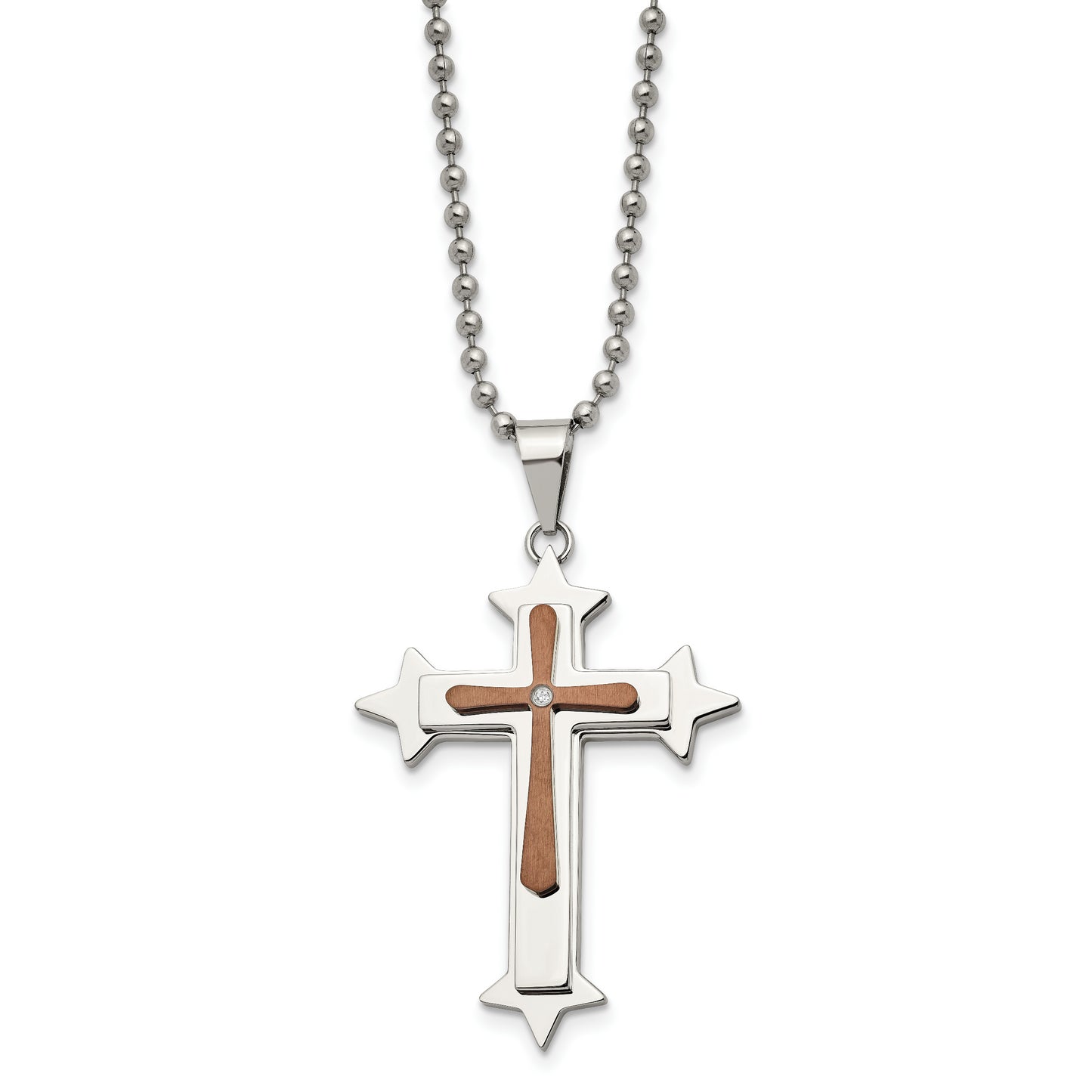 Stainless Steel Chisel Polished Brown Ip-Plated Diamond Accent Cross Pendant On A 24 Inch Ball Chain Necklace