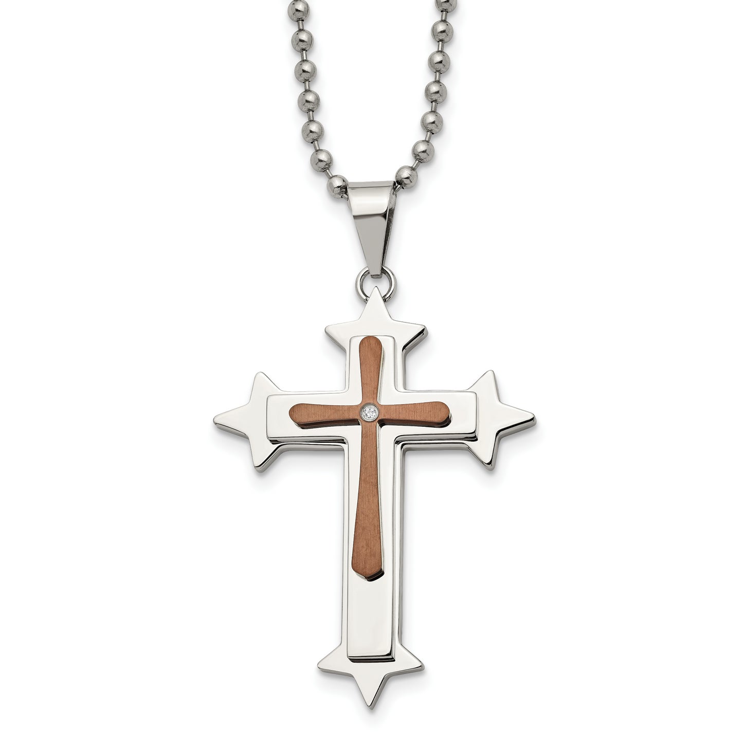 Stainless Steel Chisel Polished Brown Ip-Plated Diamond Accent Cross Pendant On A 24 Inch Ball Chain Necklace