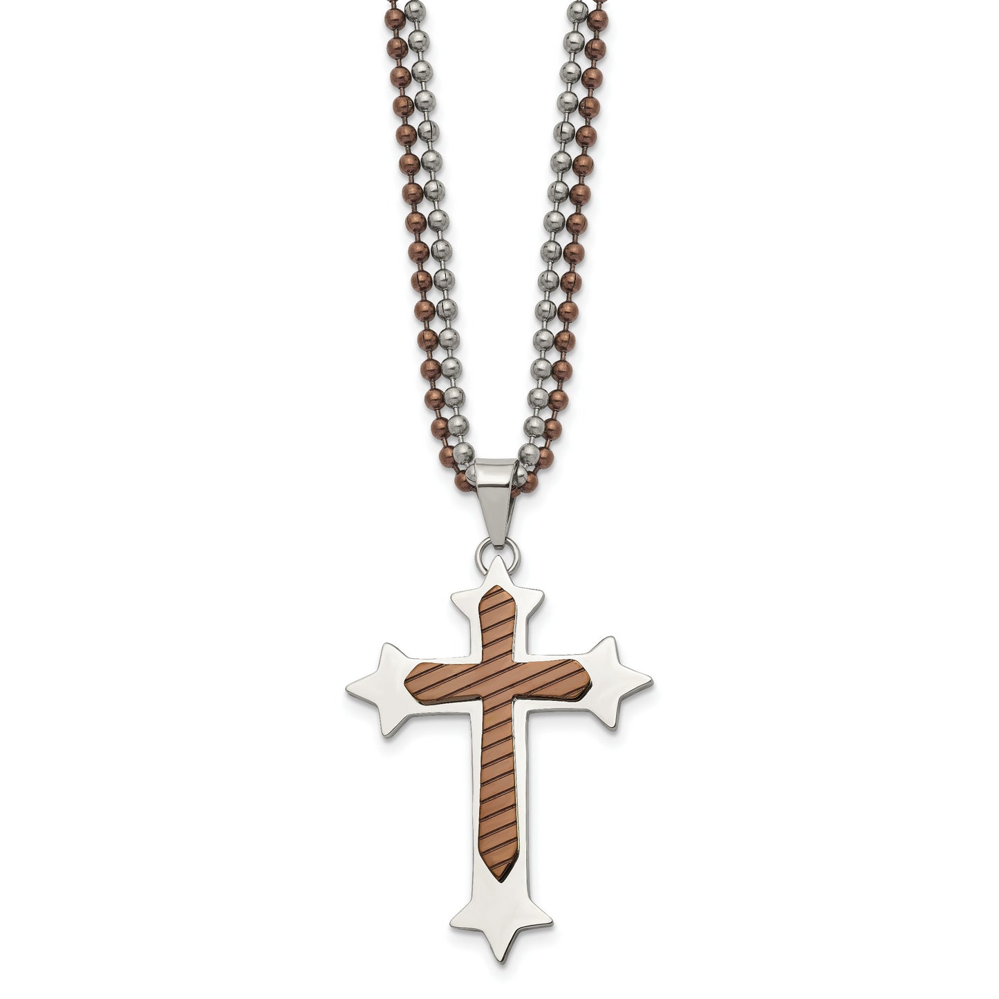 Stainless Steel Chisel Polished Brown Ip-Plated Cross Pendant On 24 Inch Double Ball Chain Necklace