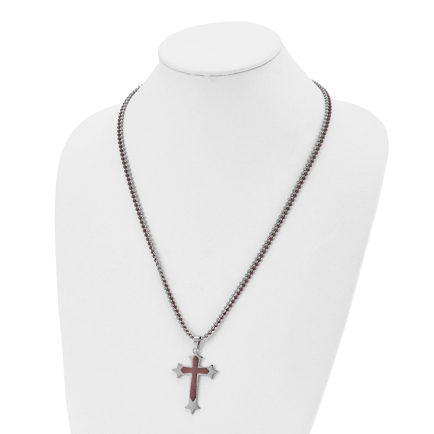 Stainless Steel Chisel Polished Brown Ip-Plated Cross Pendant On 24 Inch Double Ball Chain Necklace