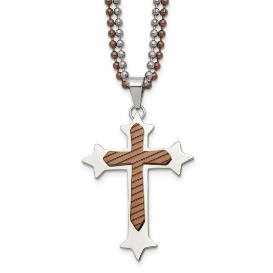 Stainless Steel Chisel Polished Brown Ip-Plated Cross Pendant On 24 Inch Double Ball Chain Necklace