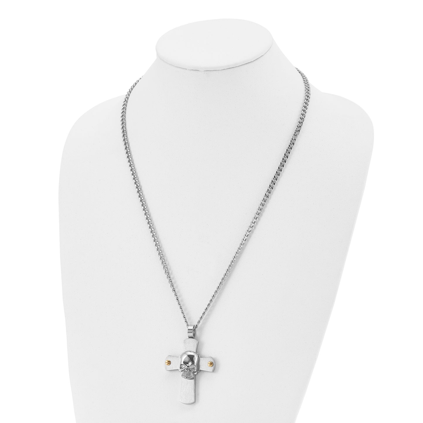 Stainless Steel Chisel Brushed And Polished Yellow Ip-Plated Cross With Skull Pendant On A 24 Inch Curb Chain Necklace