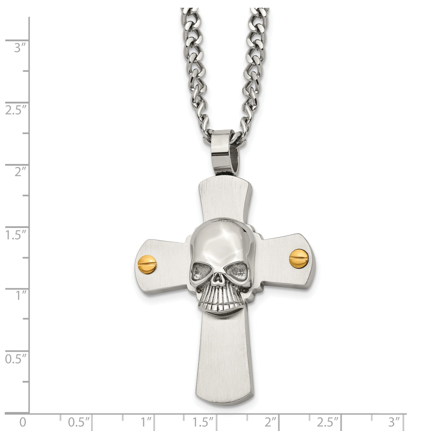 Stainless Steel Chisel Brushed And Polished Yellow Ip-Plated Cross With Skull Pendant On A 24 Inch Curb Chain Necklace