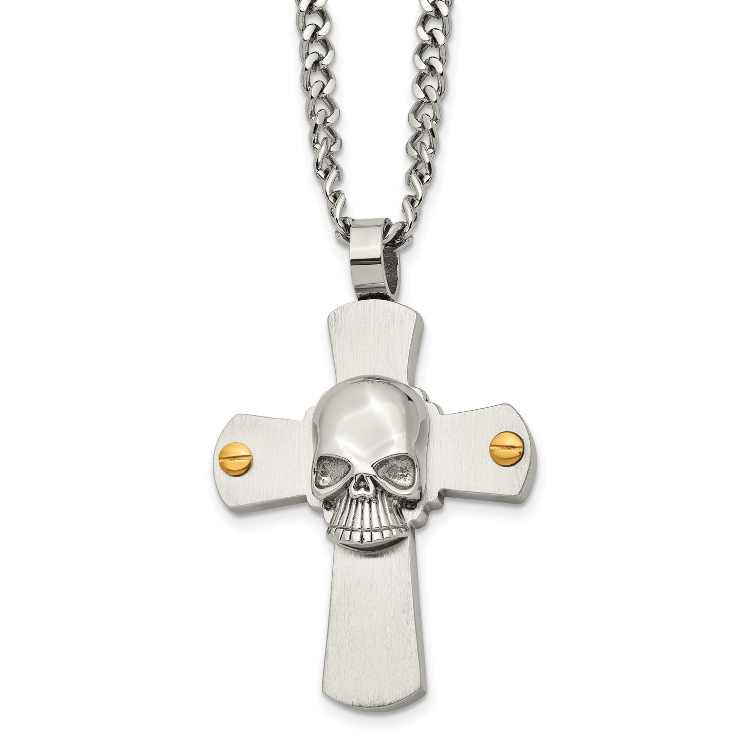 Stainless Steel Chisel Brushed And Polished Yellow Ip-Plated Cross With Skull Pendant On A 24 Inch Curb Chain Necklace