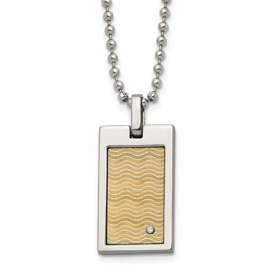 Stainless Steel Chisel Brushed And Polished With 18K Gold Accent .01Carat Diamond Pendant On A 24 Inch Ball Chain Necklace