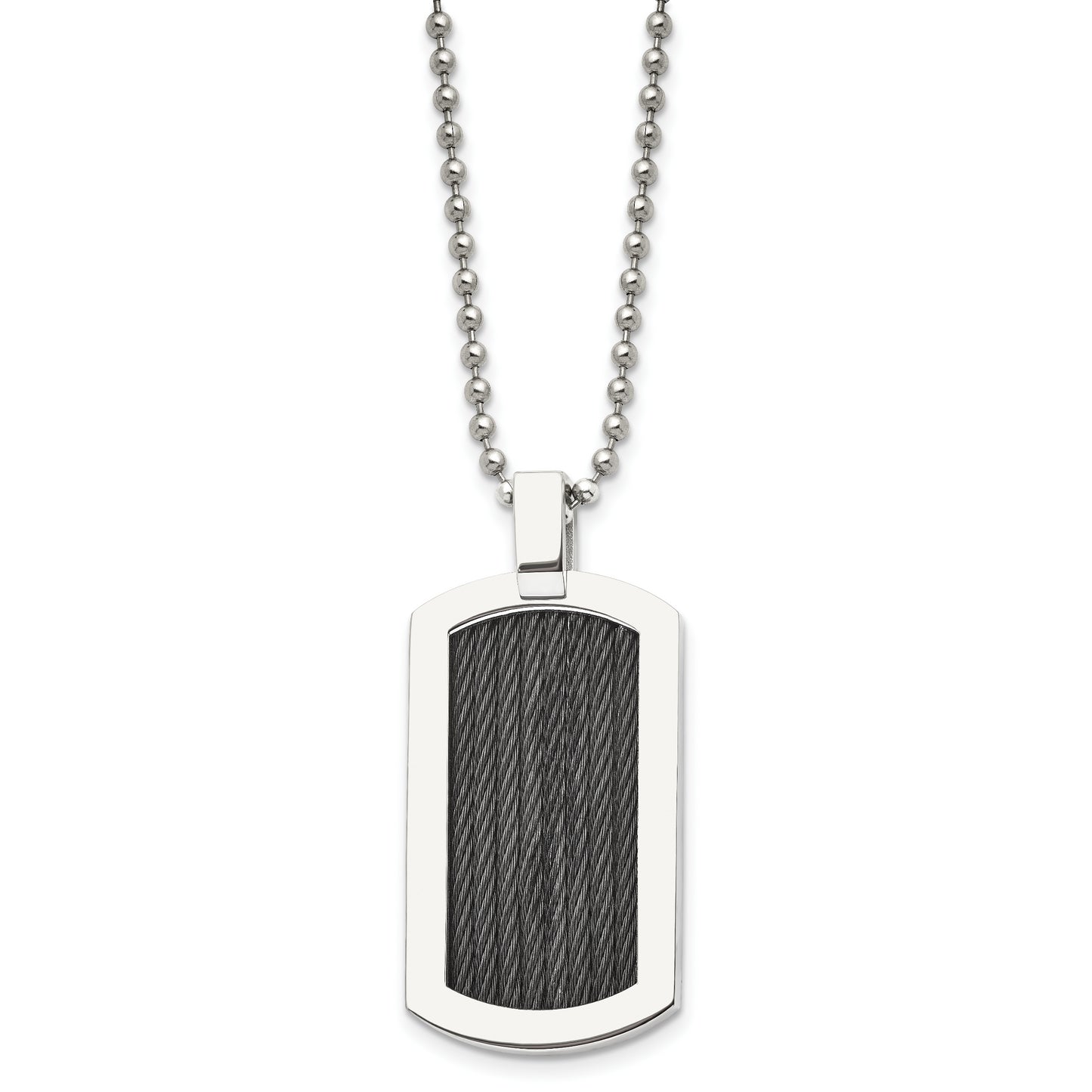 Stainless Steel Chisel Polished With Black Ip-Plated Cable Dog Tag On A 24 Inch Ball Chain Necklace