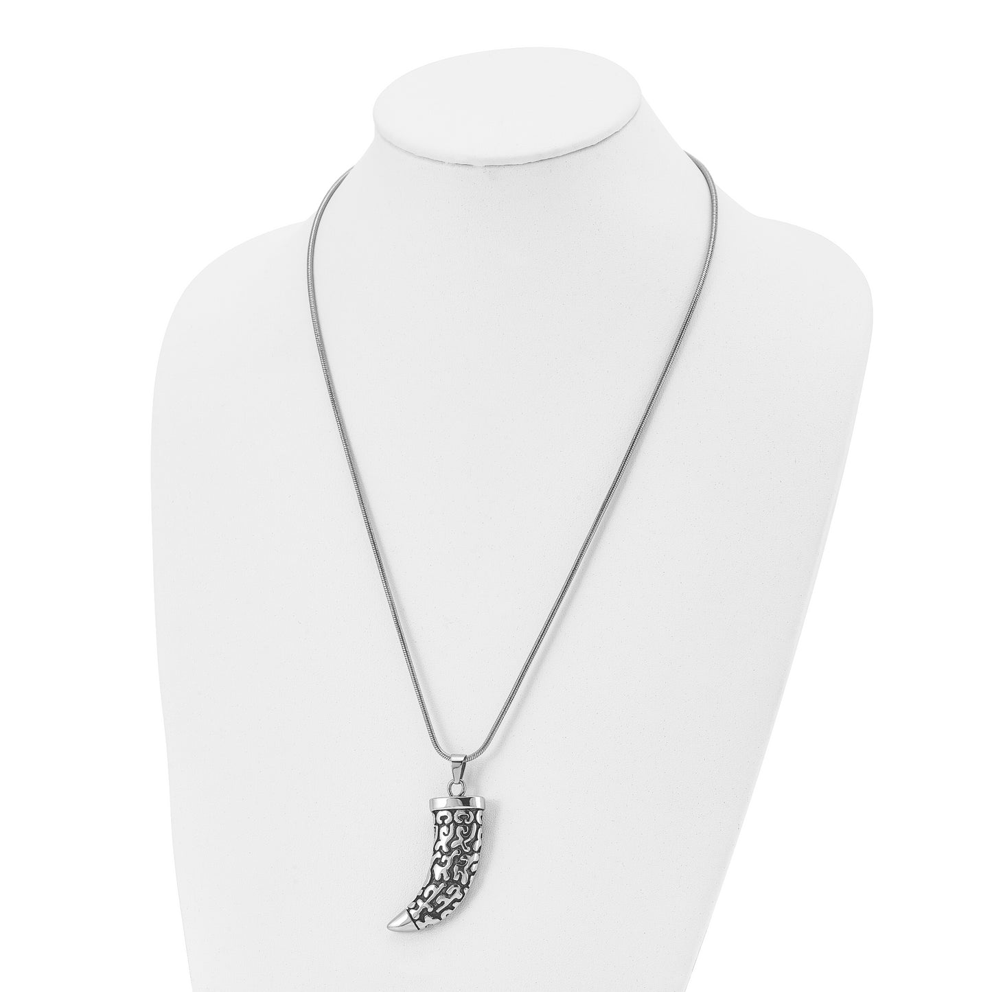 Stainless Steel Chisel Antiqued Polished And Textured Swirl Design Claw Pendant On A 24 Inch Rope Chain Necklace