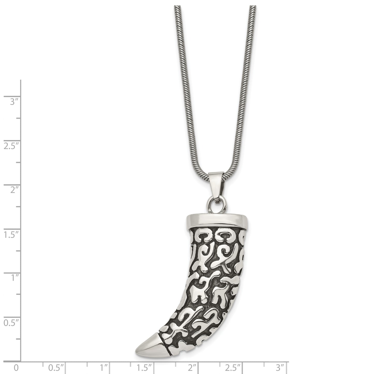 Stainless Steel Chisel Antiqued Polished And Textured Swirl Design Claw Pendant On A 24 Inch Rope Chain Necklace