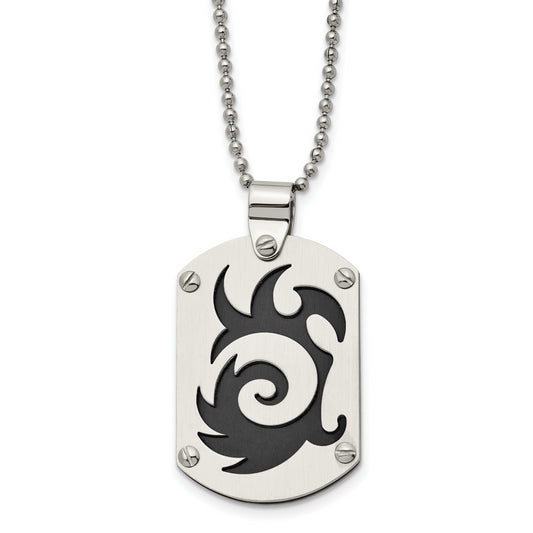 Stainless Steel Chisel Brushed Black Ip-Plated Swirl Dog Tag On A 24 Inch Ball Chain Necklace