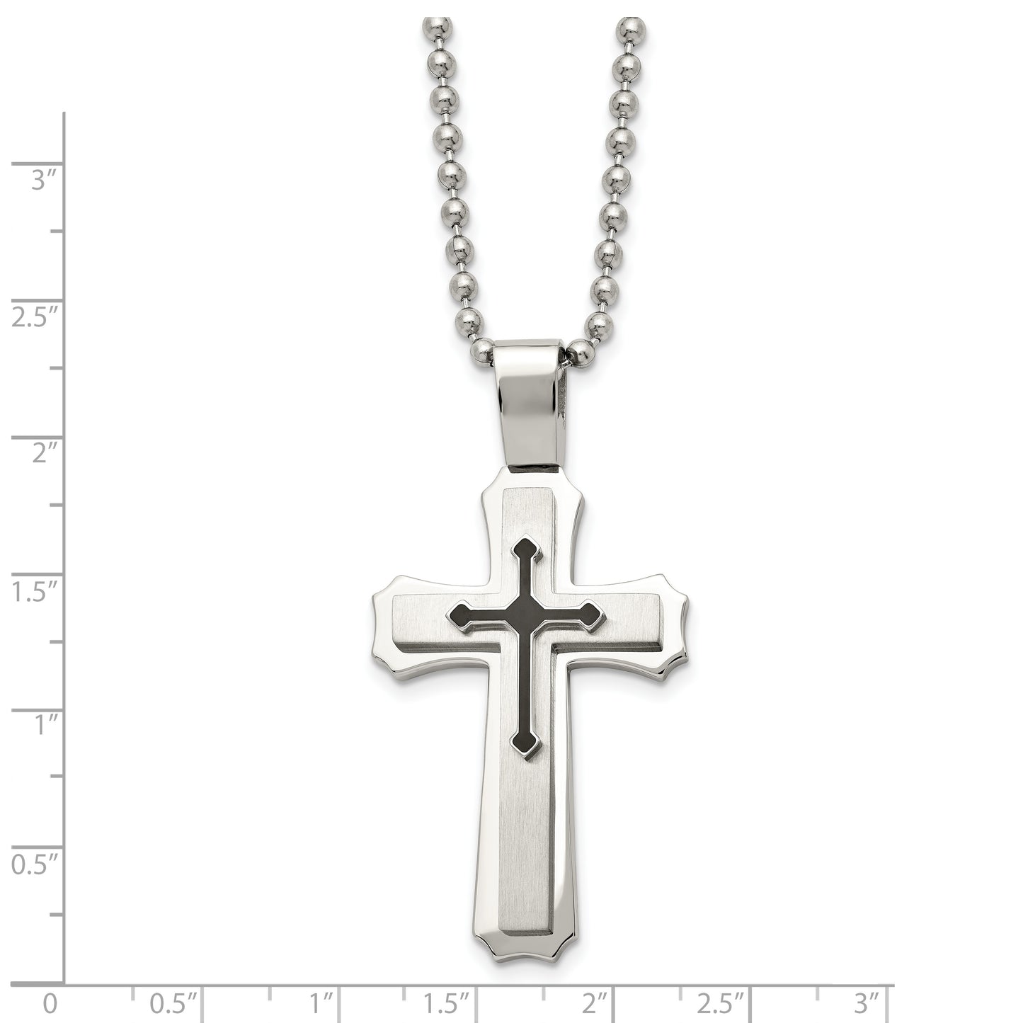 Stainless Steel Chisel Brushed And Polished With Black Rubber Cross Pendant On A 24 Inch Ball Chain Necklace