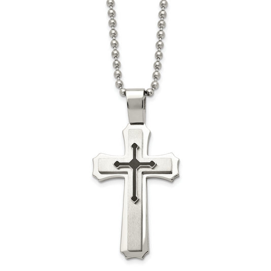 Stainless Steel Chisel Brushed And Polished With Black Rubber Cross Pendant On A 24 Inch Ball Chain Necklace