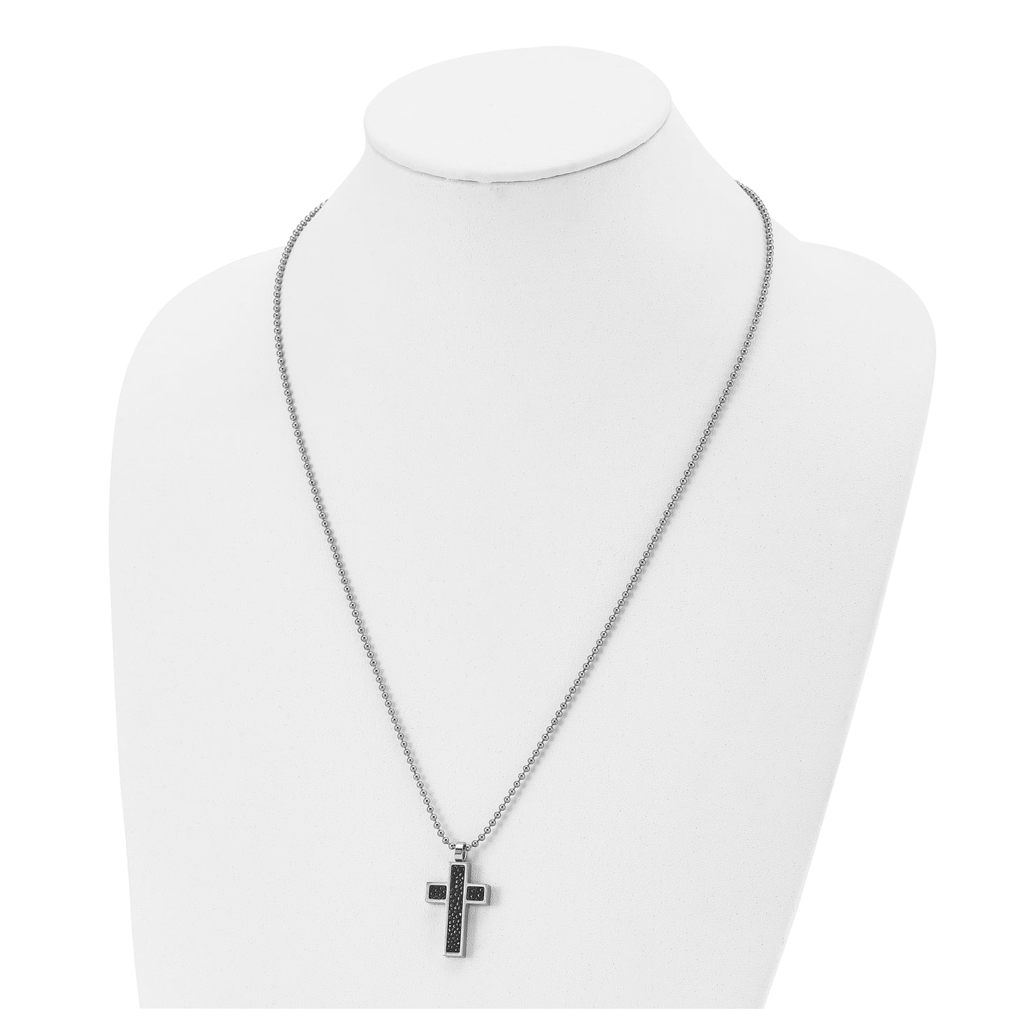 Stainless Steel Chisel Brushed Black Genuine Stingray Inlay Cross Pendant On A 24 Inch Ball Chain Necklace