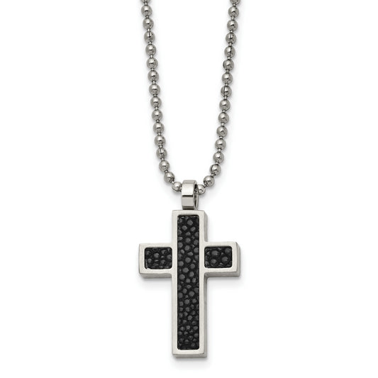 Stainless Steel Chisel Brushed Black Genuine Stingray Inlay Cross Pendant On A 24 Inch Ball Chain Necklace