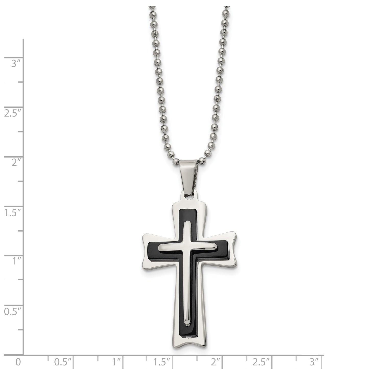 Stainless Steel Chisel Polished With Black Acrylic Cross Pendant On A 24 Inch Ball Chain Necklace