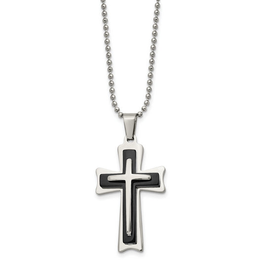 Stainless Steel Chisel Polished With Black Acrylic Cross Pendant On A 24 Inch Ball Chain Necklace