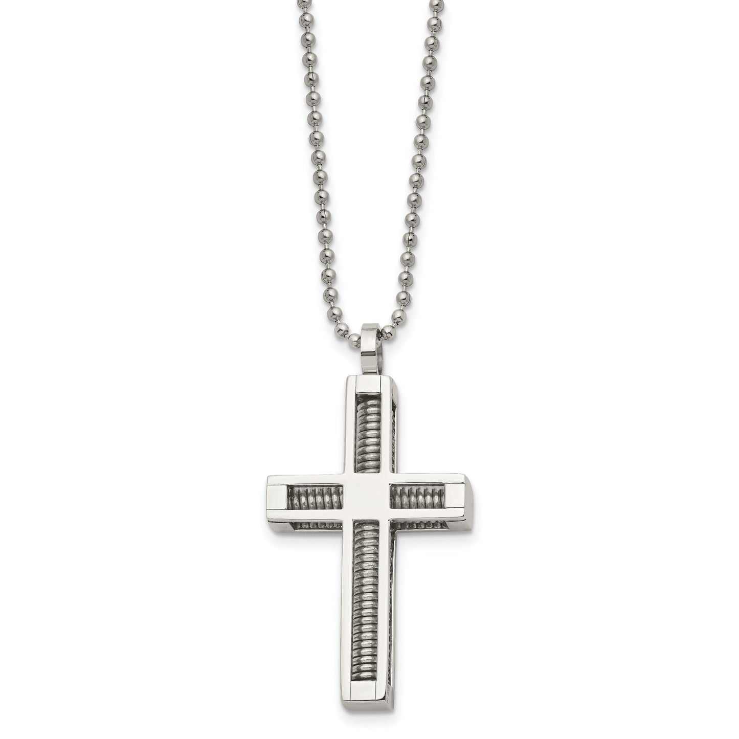 Stainless Steel Chisel Polished Cross Pendant On A 24 Inch Ball Chain Necklace