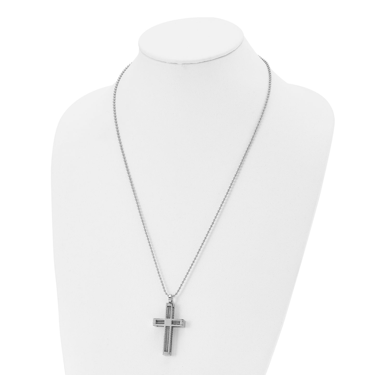 Stainless Steel Chisel Polished Cross Pendant On A 24 Inch Ball Chain Necklace