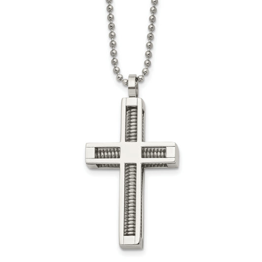 Stainless Steel Chisel Polished Cross Pendant On A 24 Inch Ball Chain Necklace