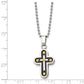 Stainless Steel Chisel Polished Black And Yellow Ip-Plated Cross Pendant On A 22 Inch Ball Chain Necklace