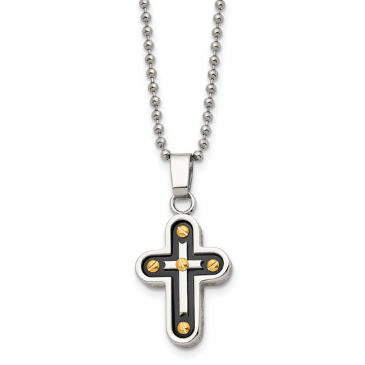 Stainless Steel Chisel Polished Black And Yellow Ip-Plated Cross Pendant On A 22 Inch Ball Chain Necklace