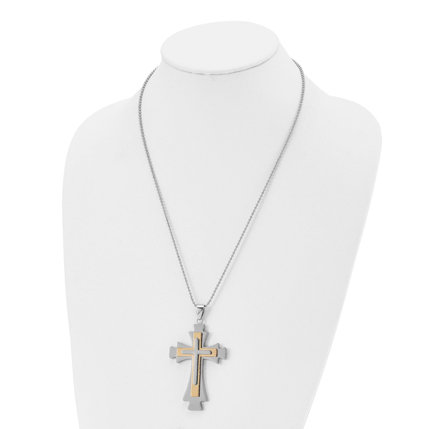 Stainless Steel Chisel Polished Yellow Ip-Plated Cross Pendant On A 22 Inch Ball Chain Necklace